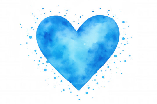 Soft watercolor heart splashing pastel blue hues, decorated with paint droplets, symbolizing love and romance on transparent backdrop - Powered by Adobe