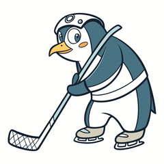 Penguin Playing Ice Hockey with Stick Vector Illustration