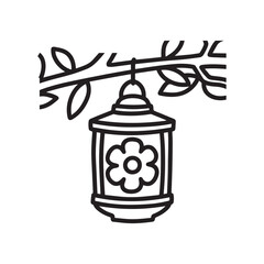 Hanging Lantern with Floral Design Silhouette Surrounded by Leaves on Branch.