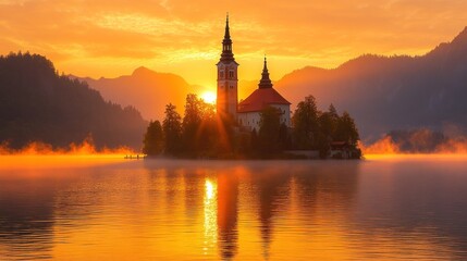 Fototapeta premium Sunrise over a church island, bathed in golden light