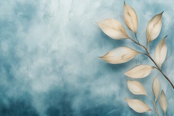 Background of beige leaves on a blue textured background.