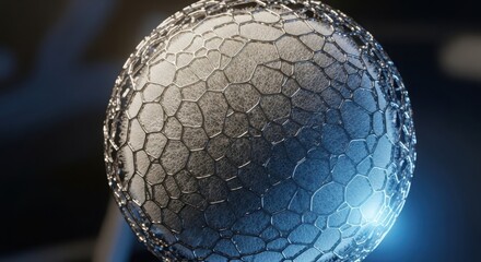 Closeup of a metallic sphere with a hexagonal pattern, illuminated by blue and white light