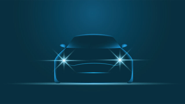 Stylish futuristic car front view with shining headlights on dark blue background, ideal for technology, automotive, modern design, and innovation themed creative projects