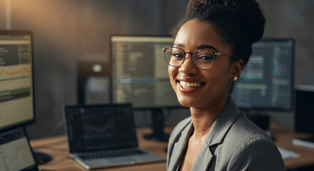 Smiling african american female programmer in office with code on screens
