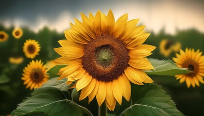 Bright Sunflower With Vibrant Yellow Petals Surrounded By Lush G