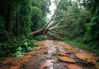 A large fallen tree blocking a muddy road after a storm in a lush, rainy jungle
