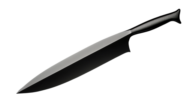 Sleek chef knife with long stainless steel blade and textured black handle, modern kitchen tool evoking precision and focus