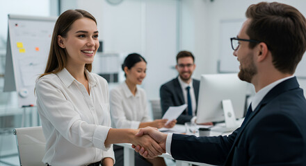 Fototapeta premium Successful job interview: Woman shakes hands with hiring manager at office