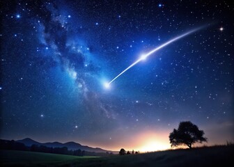 A shooting star streaks across the dark star field at midnight