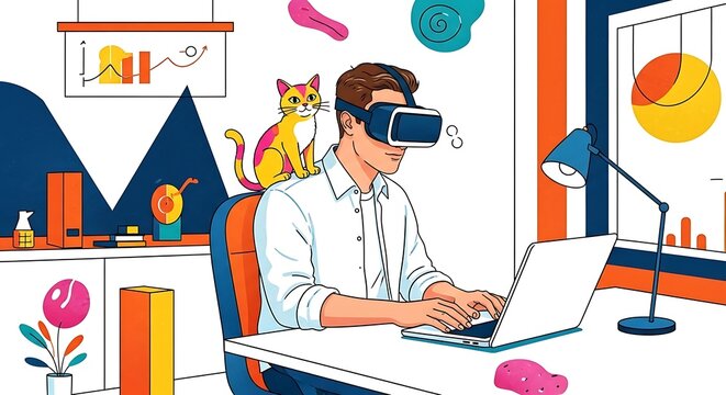 Man immersed in a virtual reality headset, working on a laptop in a modern home office, exploring the future of remote work and the metaverse