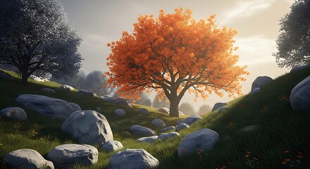 Autumnal Landscape with Colorful Tree.