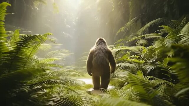 Large ape walking through dense tropical forest with tall ferns. Prehistoric animal concept, symbol of wildlife, nature power, and evolution in natural environment.