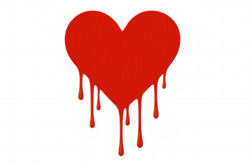 Red heart dripping blood isolated on transparent background, representing heartbreak, love loss, or emotional pain