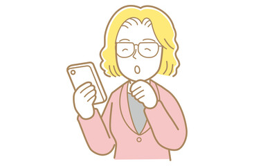 スマートフォンの画面を見る黄色い髪でスーツのメガネをかけた女性のイラスト