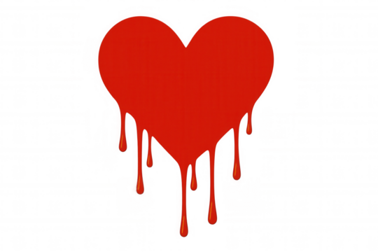 Red heart dripping blood isolated on transparent background, representing heartbreak, love loss, or emotional pain