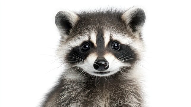 Baby raccoon sitting with curled tail on transparent background