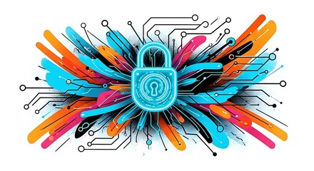 Futuristic cyber security concept featuring a glowing blue digital padlock icon over a vibrant, abstract circuit board design