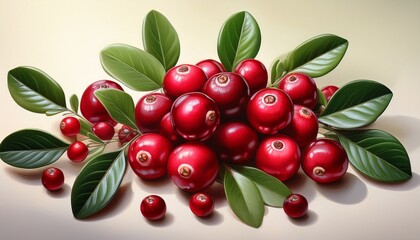 Artistic Depiction Of Cranberries With Vibrant Green Leaves Perfect For Seasonal Designs