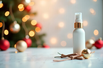 Festive Skincare: White Bottle with Cinnamon Sticks and Golden O