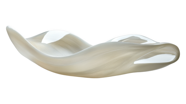 Creamy sculptural bowl with flowing ribbed texture and glossy highlights, elegant modern centerpiece with soft curves