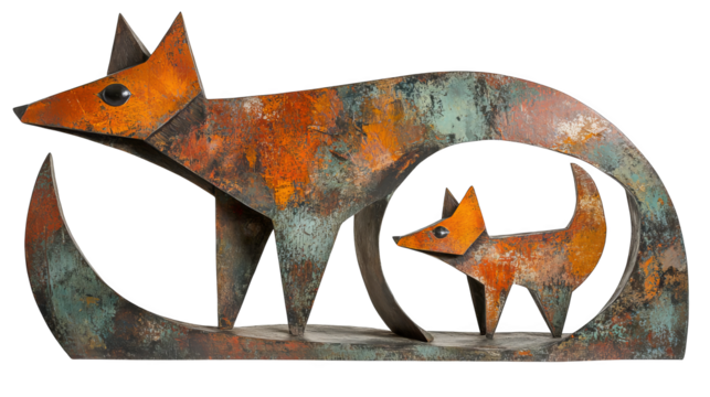 Rustic metal fox sculpture with cub standing inside curved frame, textured orange patina and playful expression - Powered by Adobe