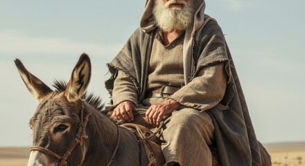 Caucasian man with long white beard wearing an ancient robe riding a donkey on a bright day. Biblical times and religious journey.