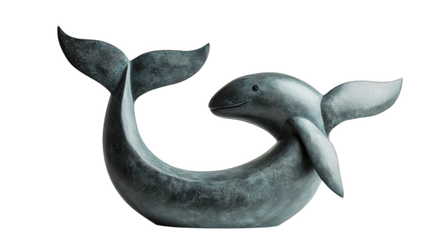 Stylized stone whale sculpture with weathered texture and serene expression, coastal decor with muted blue gray patina