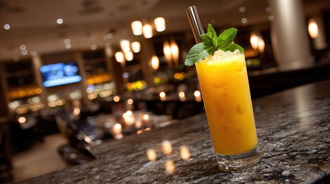 A vibrant citrus drink garnished with mint sits on a polished bar counter, creating an inviting ambiance in a modern restaurant, Ideal for promoting beverages, dining experiences, or nightlife events