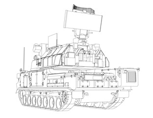 Military anti-aircraft missile system tank in detailed line art style, featuring visible tracks, turret, and gun barrel on a clean white background.