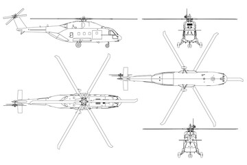 Detailed blueprint set helicopter, featuring rotor blades, landing gear, and cockpit with technical specifications.