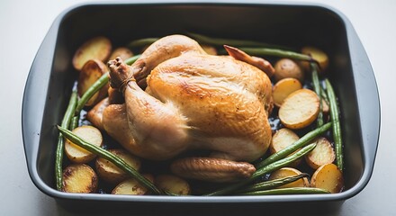 Roasted Chicken with Potatoes and Green Beans.