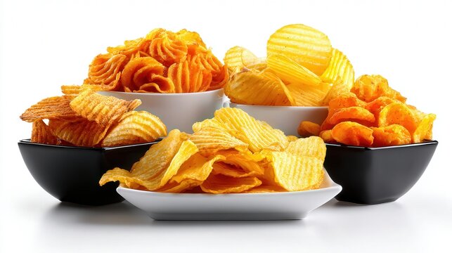 A stylish arrangement of various types of potato chips in bowls, showcasing colors and textures, Ideal for snack recipes, food blogs, advertisements, or social media content,