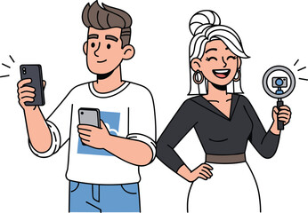 Man using smartphone, woman holding magnifying glass with camera icon, mobile photography, digital exploration, tech lifestyle, flat vector illustration