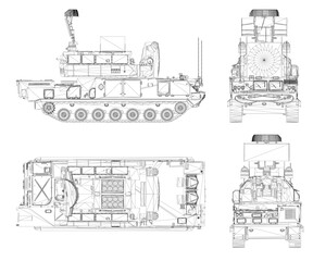 Detailed blueprint of a military anti-aircraft missile system tank, featuring a 3D model with visible turret, tracks, and intricate mechanical components.