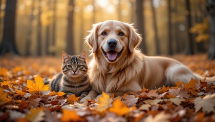 Golden Retriever and Tabby Cat in Autumn Leaves