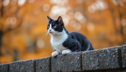 Tuxedo Cat Perched on Autumn Brick Wall