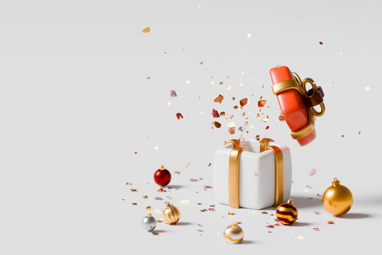 3D Christmas gift box with golden ribbon and festive decorations