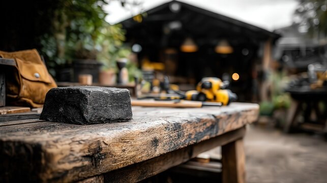 A rustic workbench features a solid block in focus, surrounded by woodworking tools, This image is ideal for illustrating craftsmanship, DIY projects, or articles on woodworking techniques,