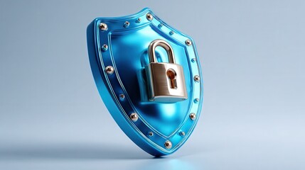 A vibrant blue shield with a metallic lock symbolizes security and protection, making it ideal for themes related to cybersecurity, safety, and data privacy