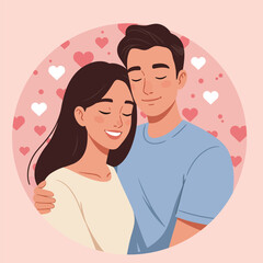 Obraz premium Happy romantic couple in love smiling and hugging together, vector illustration