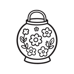 Round Lantern with Floral Patterns and Handle Silhouette on white Background.