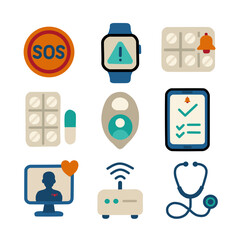 Set of 9 flat design healthcare icons. Includes SOS button, smartwatch alert, pill blister, medication reminder, telemedicine, router, checklist app, locator, and stethoscope