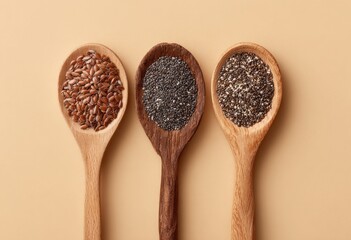 Three wooden spoons filled with flax, chia, and hemp seeds