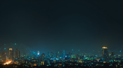 Night lights, a city of modern business and smart digital innovation with a network of interconnected rewards over the cityscape of the future smart wireless digital city and social media network that