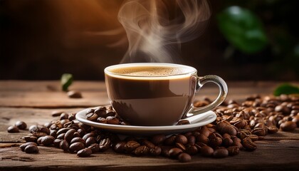Fototapeta premium A Steaming Cup Of Coffee Surrounded By Coffee Beans On A Rustic Wooden Table