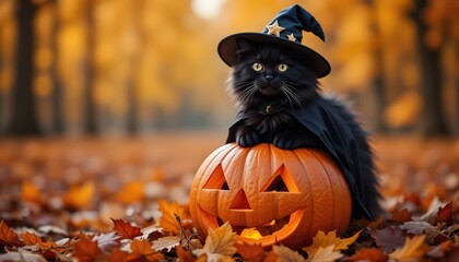 Adorable Black Cat in Witch Hat on Halloween Pumpkin