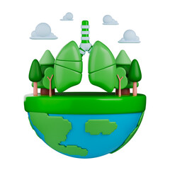 3D illustration showing a green globe and human lungs, representing the crucial link between nature and health. Concept of medical and environmental awareness.