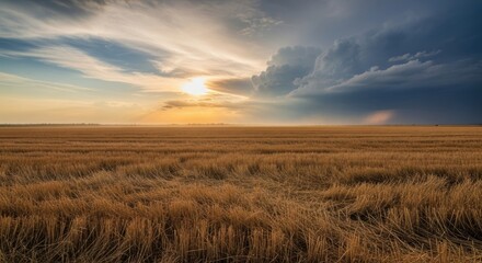 Obraz premium Golden harvested field bathed in sunset light with dramatic storm clouds gathering on the horizon, showcasing contrasting natural beauty and powerful weather.