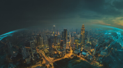 Fototapeta premium Night lights, a city of modern business and smart digital innovation with a network of interconnected rewards over the cityscape of the future smart wireless digital city and social media network that