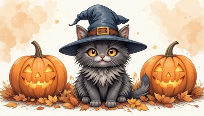 Adorable Gray Kitten in Witch's Hat with Pumpkins for Halloween